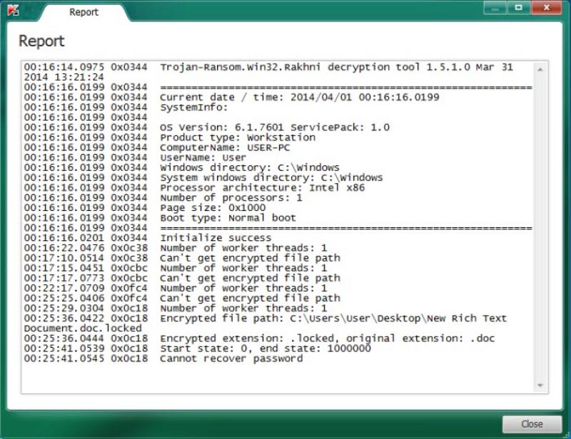 Kaspersky RakhniDecryptor screenshot