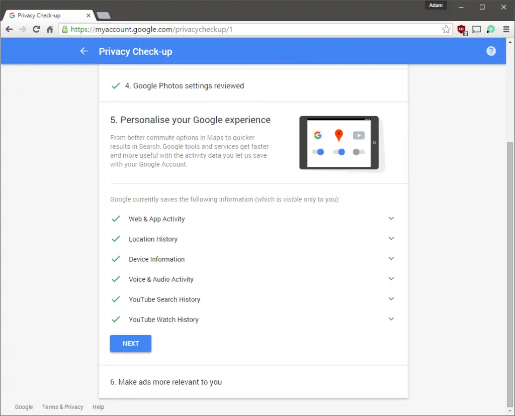 Privacy Check-up Activity Controls