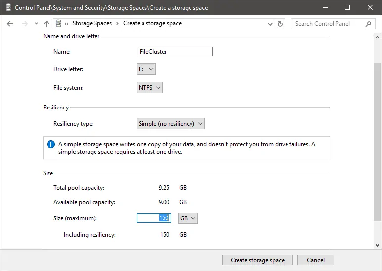 Storage Spaces Create Storage Space